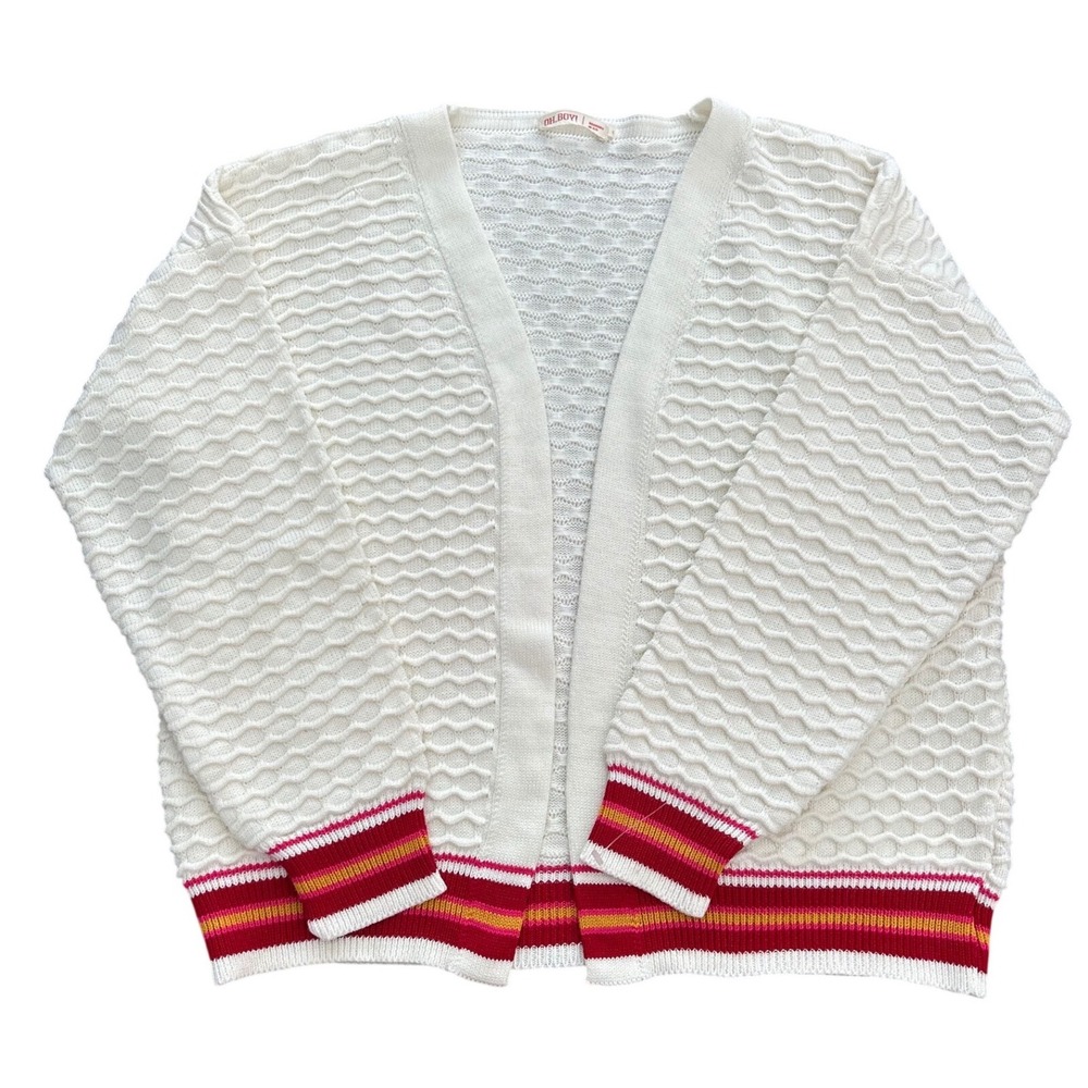 Oh Boy! White Waffle Knit Open Front Cardigan Striped Trim Size P Made in Brazil